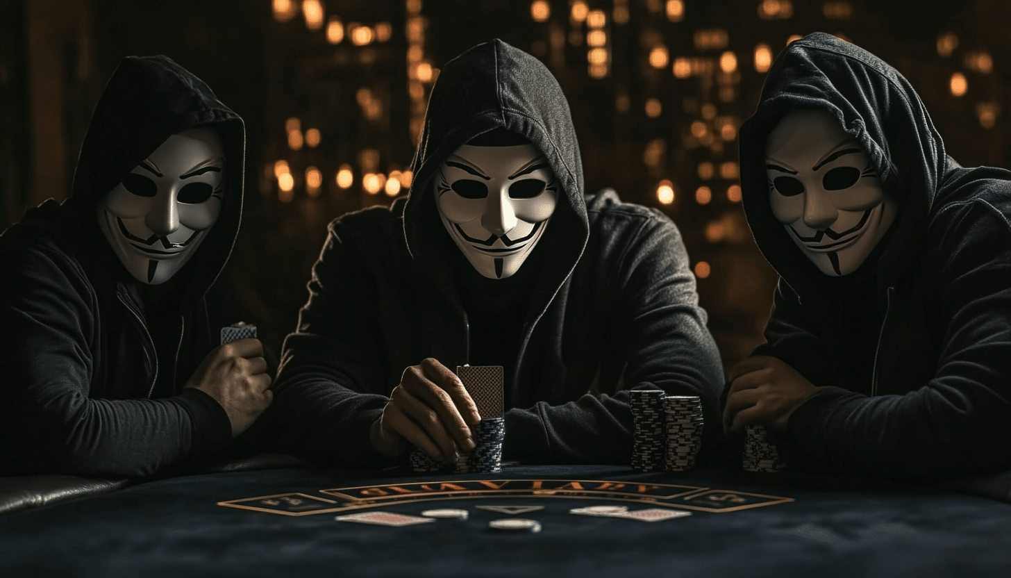 Masked user holding a no-KYC crypto credit card, illustrating privacy, anonymity, and the risks of fraud and lack of consumer protections