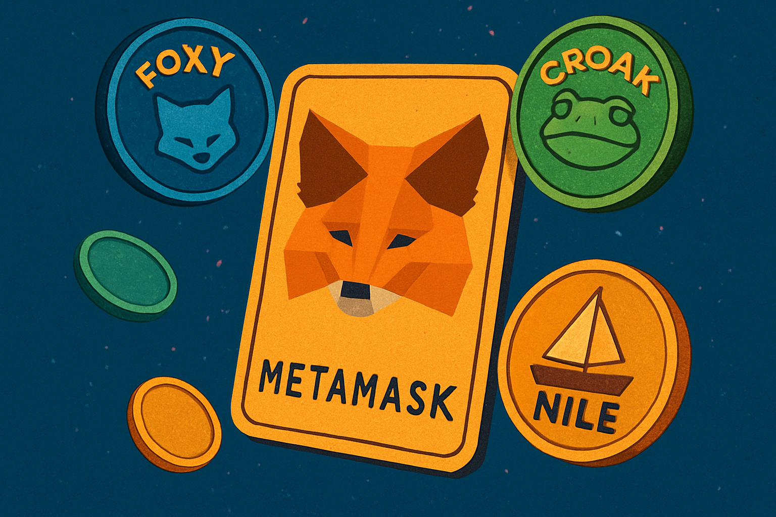 MetaMask Fox Card surrounded by floating governance tokens $FOXY, $CROAK, and $NILE, illustrating crypto rewards and DeFi benefits in 2024