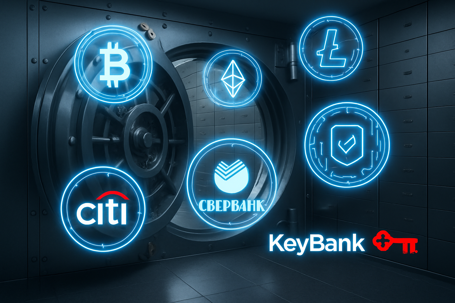 Modern bank vault with digital asset icons representing secure crypto custody by Citibank, Sberbank, and KeyBank