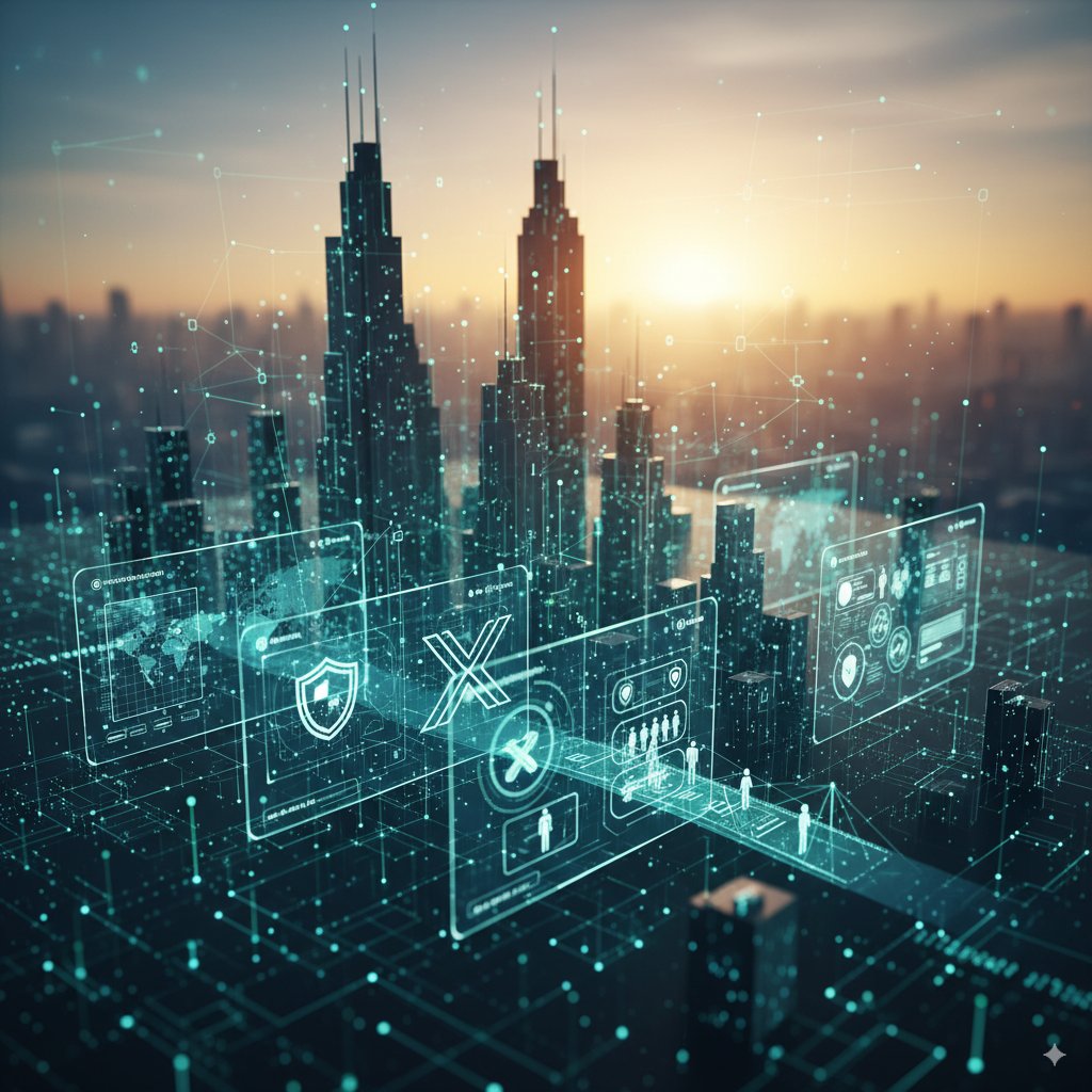 Modern city skyline with digital blockchain and NFT symbols overlay, representing tokenized real estate and on-chain loans