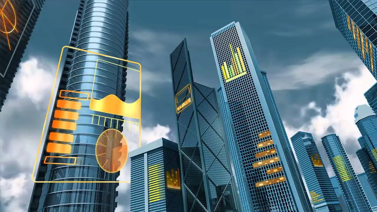 Modern city skyline with digital NFT icons overlaying skyscrapers, representing tokenized property ownership in real estate.