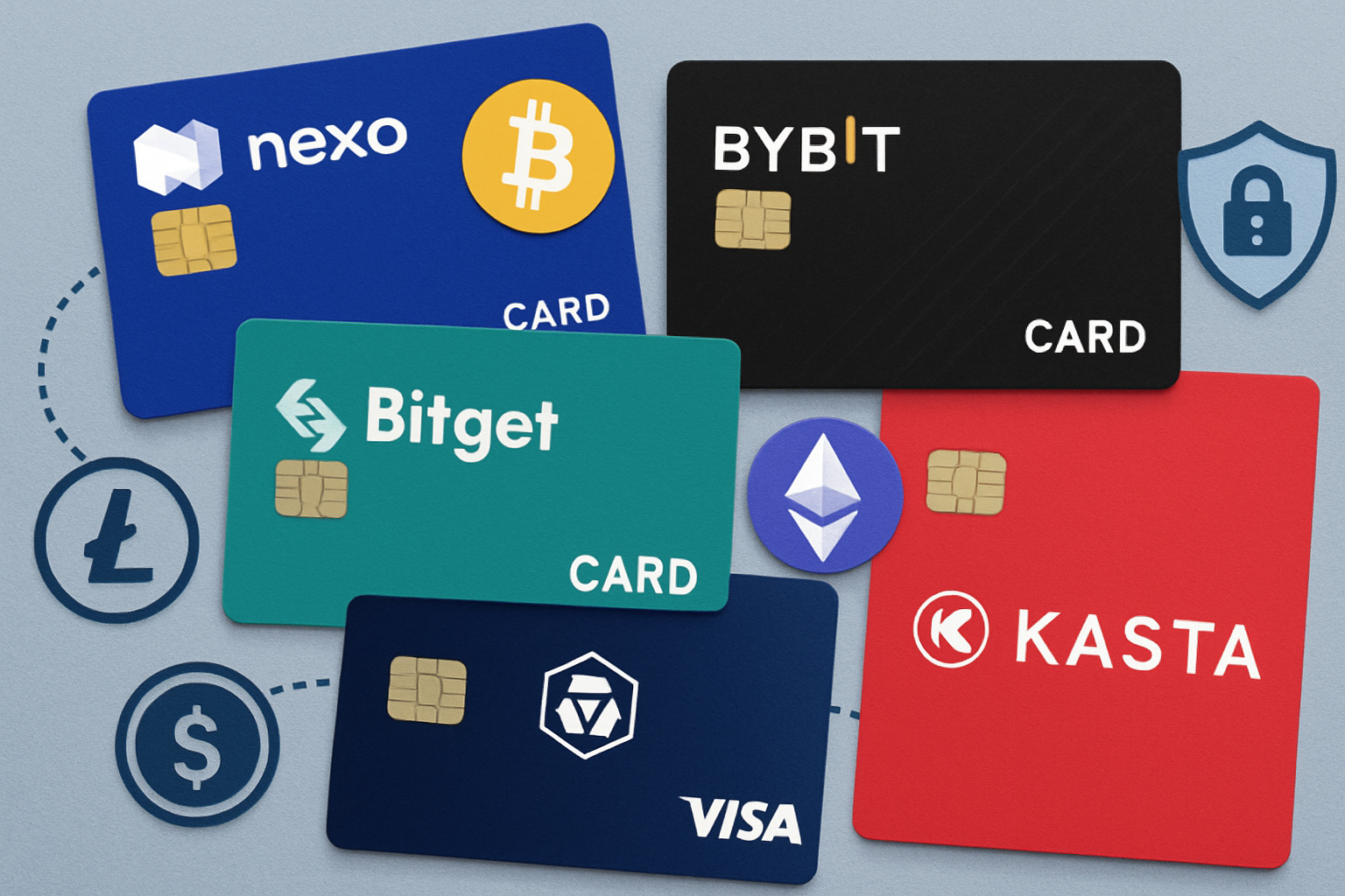 Collage of Nexo, Bybit, Bitget, Crypto.com Visa, and KASTA stablecoin cards with digital assets and privacy icons representing top crypto card providers for 2025.