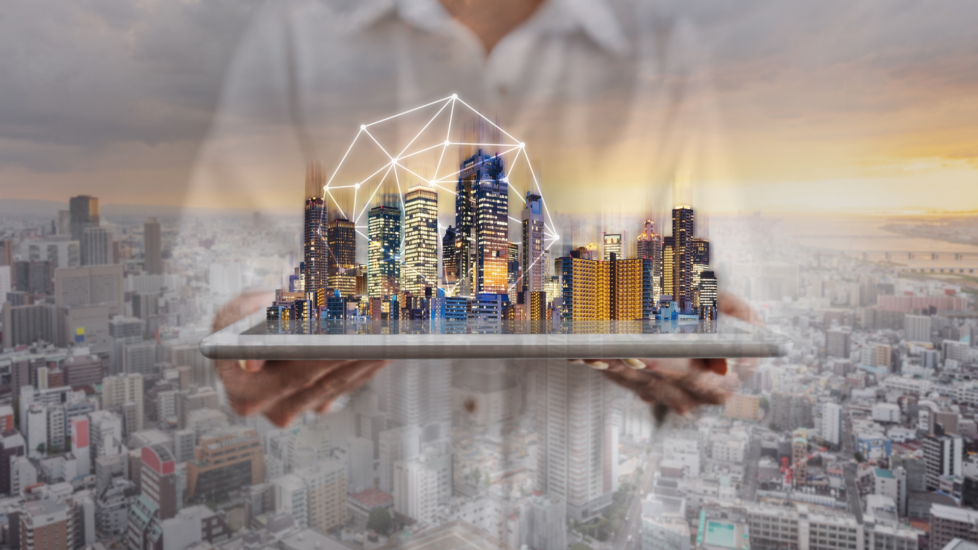 Modern commercial building with digital blockchain tokens overlayed, representing step-by-step real estate tokenization process