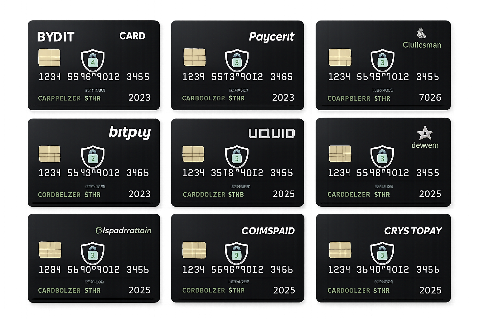 Modern crypto credit cards with privacy shield icon, representing anonymous and private crypto spending in 2025. Features Bybit, Paycent, ClubSwan, Bitpay, Uquid, Advcash, SpectroCoin, CoinsPaid, and Cryptopay cards.