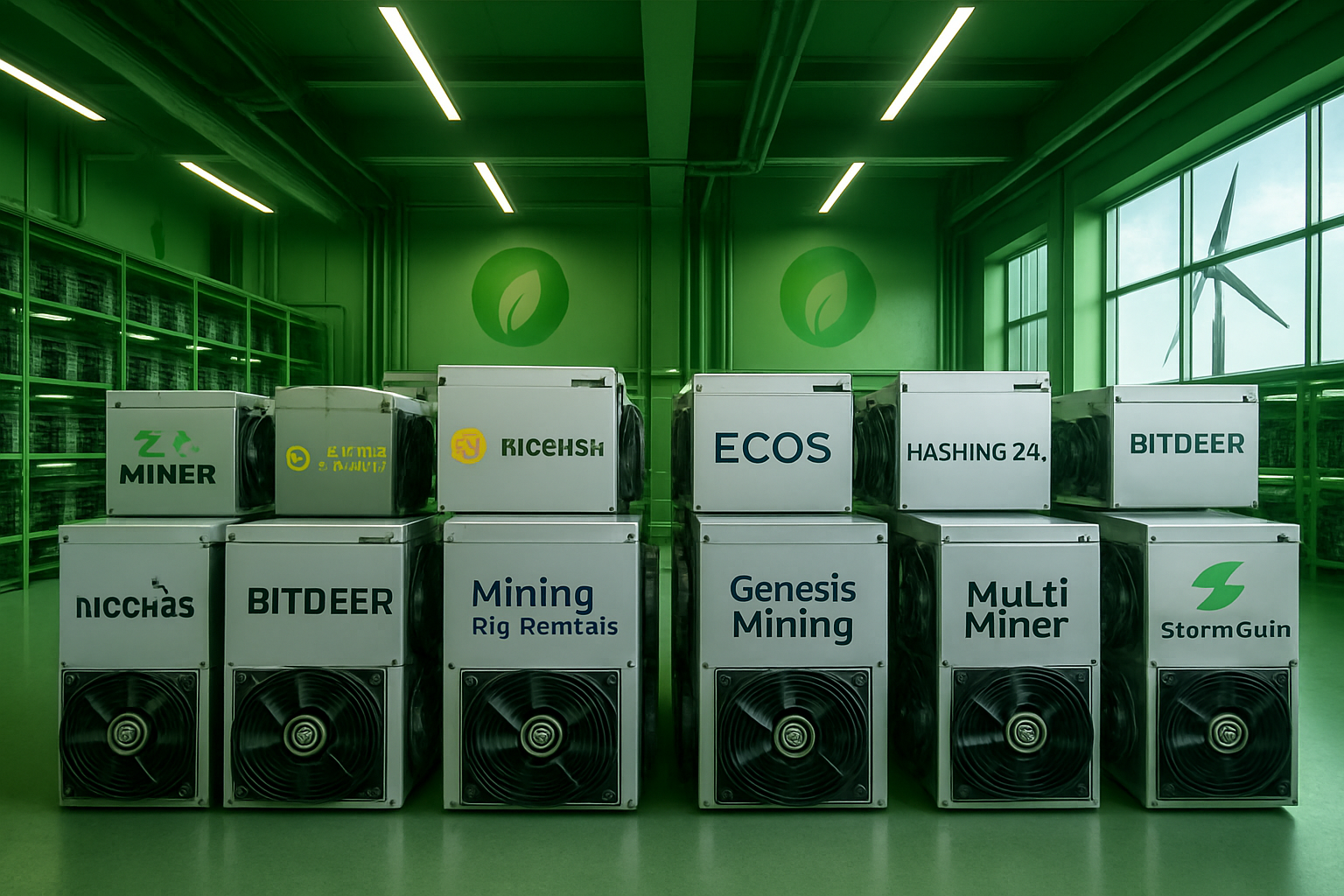 Modern green-energy powered bitcoin mining data center featuring rigs from top 2025 cloud mining platforms such as ZA Miner, Binance Cloud Mining, NiceHash, ECOS, Hashing24, Bitdeer, Mining Rig Rentals, Genesis Mining, MultiMiner, and StormGain.