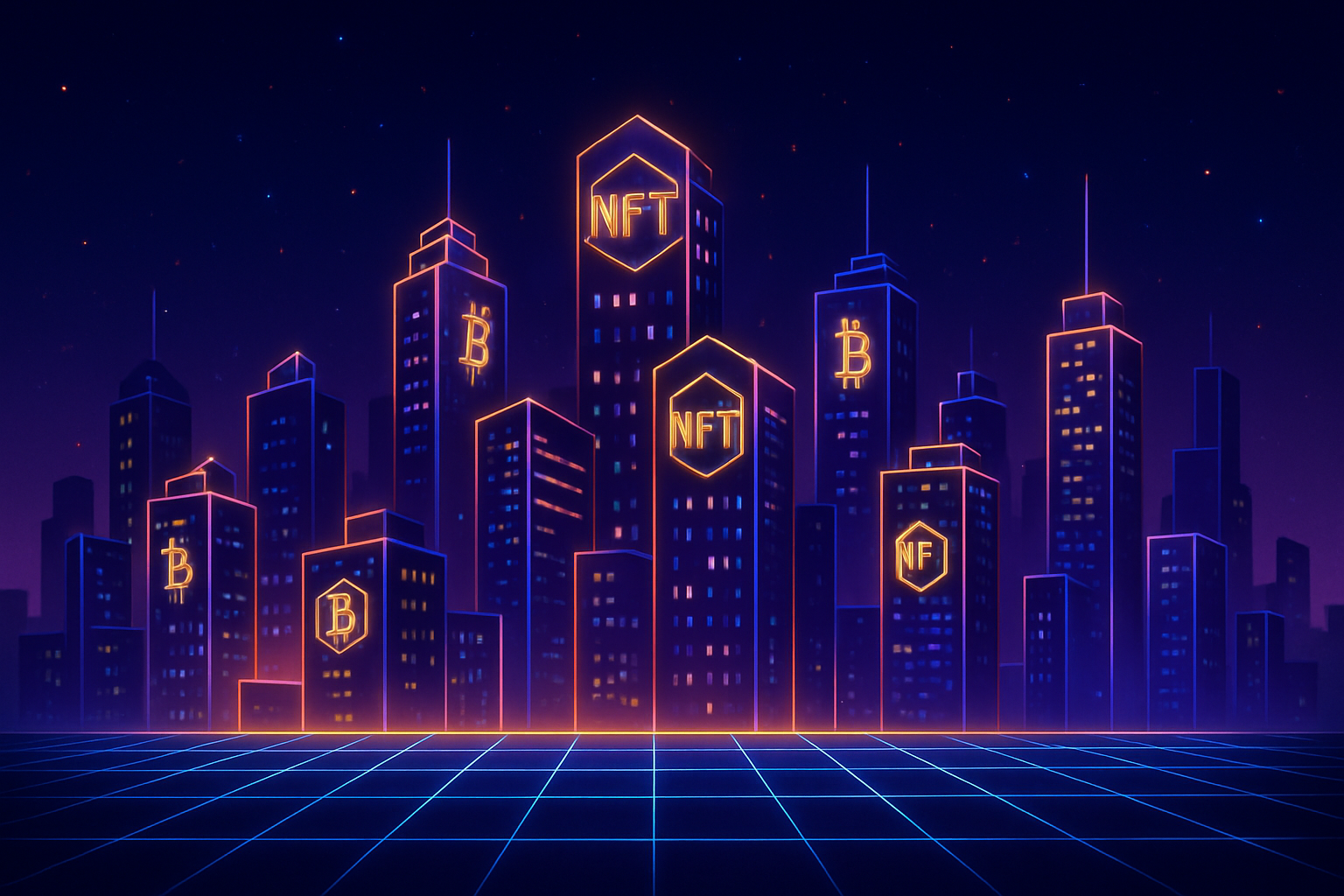 Modern digital artwork of a city skyline with buildings depicted as glowing NFTs on a blockchain grid, representing the transformation of real estate through PropertyNFTs and blockchain technology.