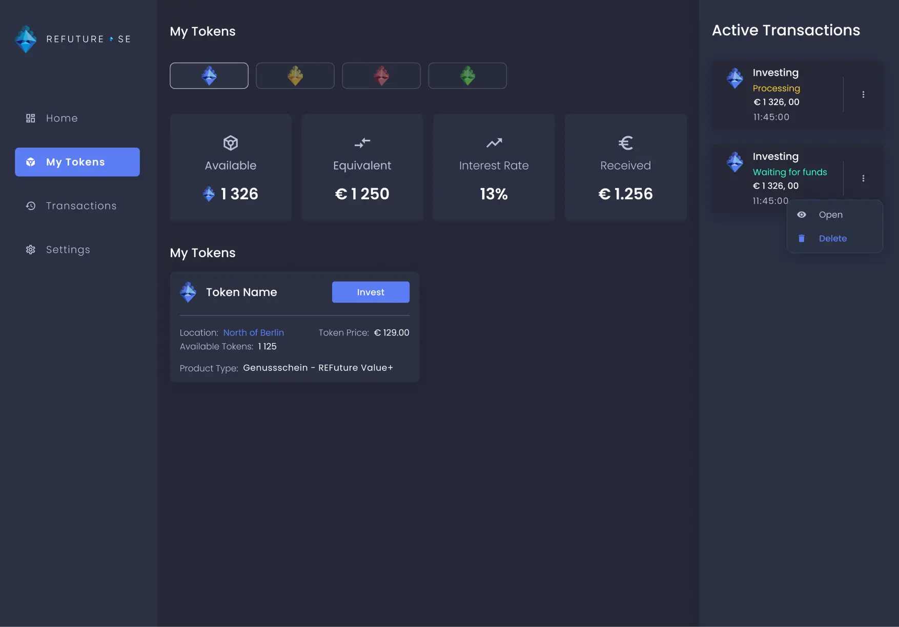 Modern digital dashboard displaying fractional real estate tokens and blockchain property assets interface