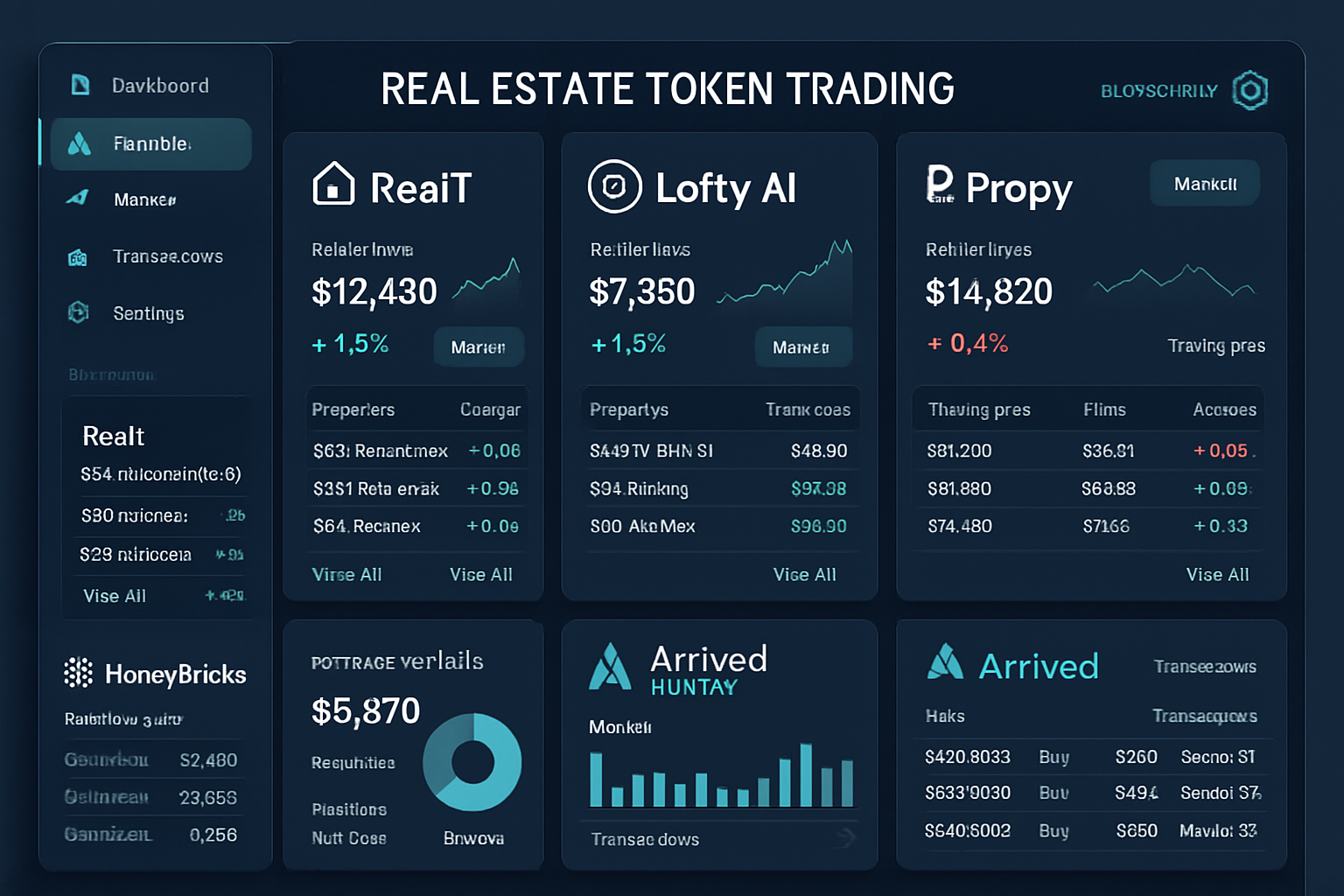 Modern digital dashboard displaying top blockchain fractional real estate investment platforms—RealT, Lofty AI, Propy, HoneyBricks, Arrived Homes—showcasing global property tokens trading in real time via blockchain.