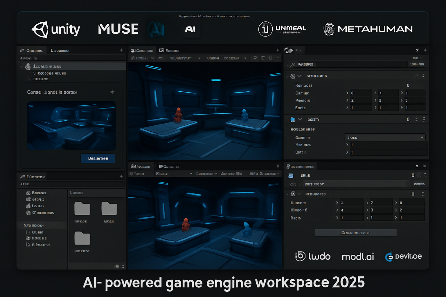 Modern digital workspace showcasing rapid multiplayer arena creation with top AI-powered game engines in 2025: Unity with Muse AI, Unreal Engine with MetaHuman & Verse AI Tools, GDevelop, Ludo.ai Game Creator, and Modl.ai Arena Platform.