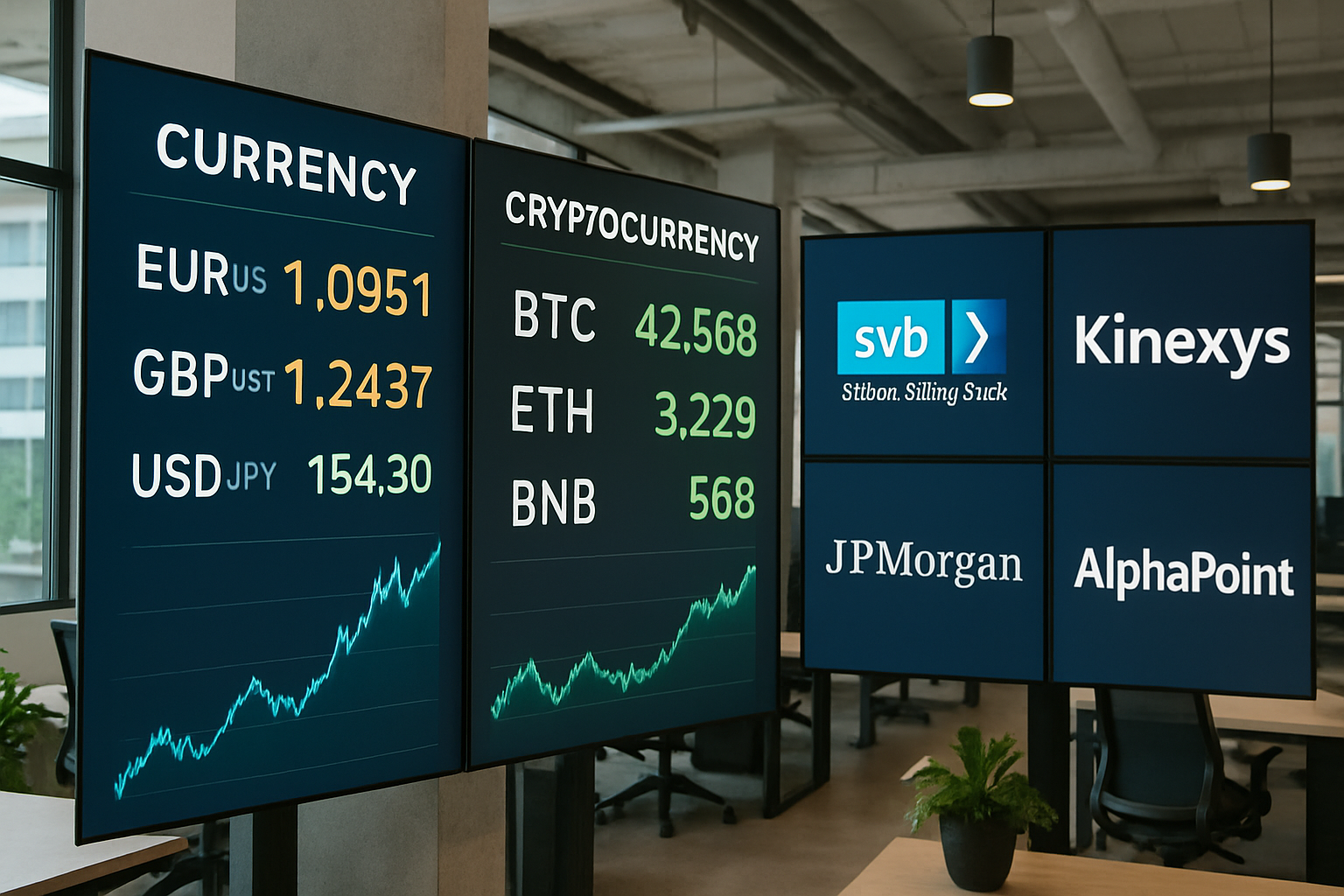 Modern fintech office with digital screens displaying fiat and crypto currencies, representing top providers Silicon Valley Bank, Kinexys by J.P. Morgan, and AlphaPoint for blockchain business banking solutions.