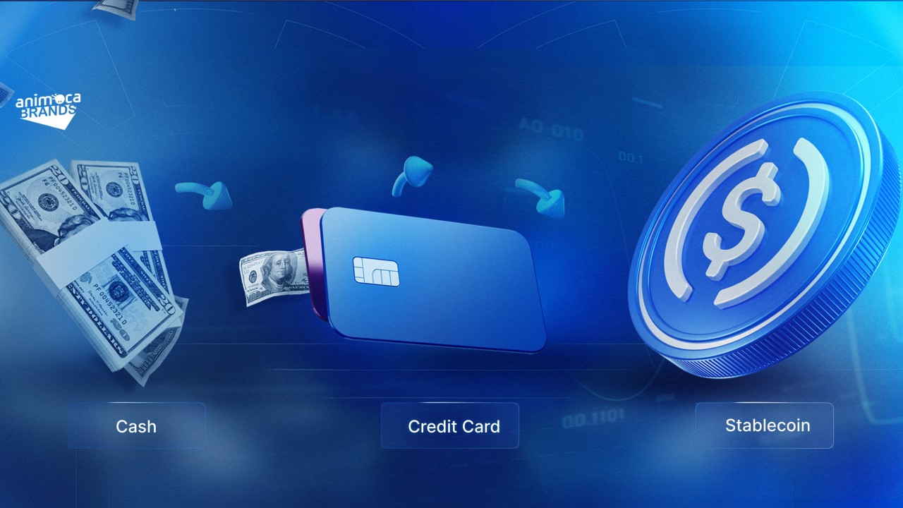 Modern stablecoin card being tapped at a point-of-sale terminal in a busy café, symbolizing seamless crypto-to-fiat transactions in 2025.