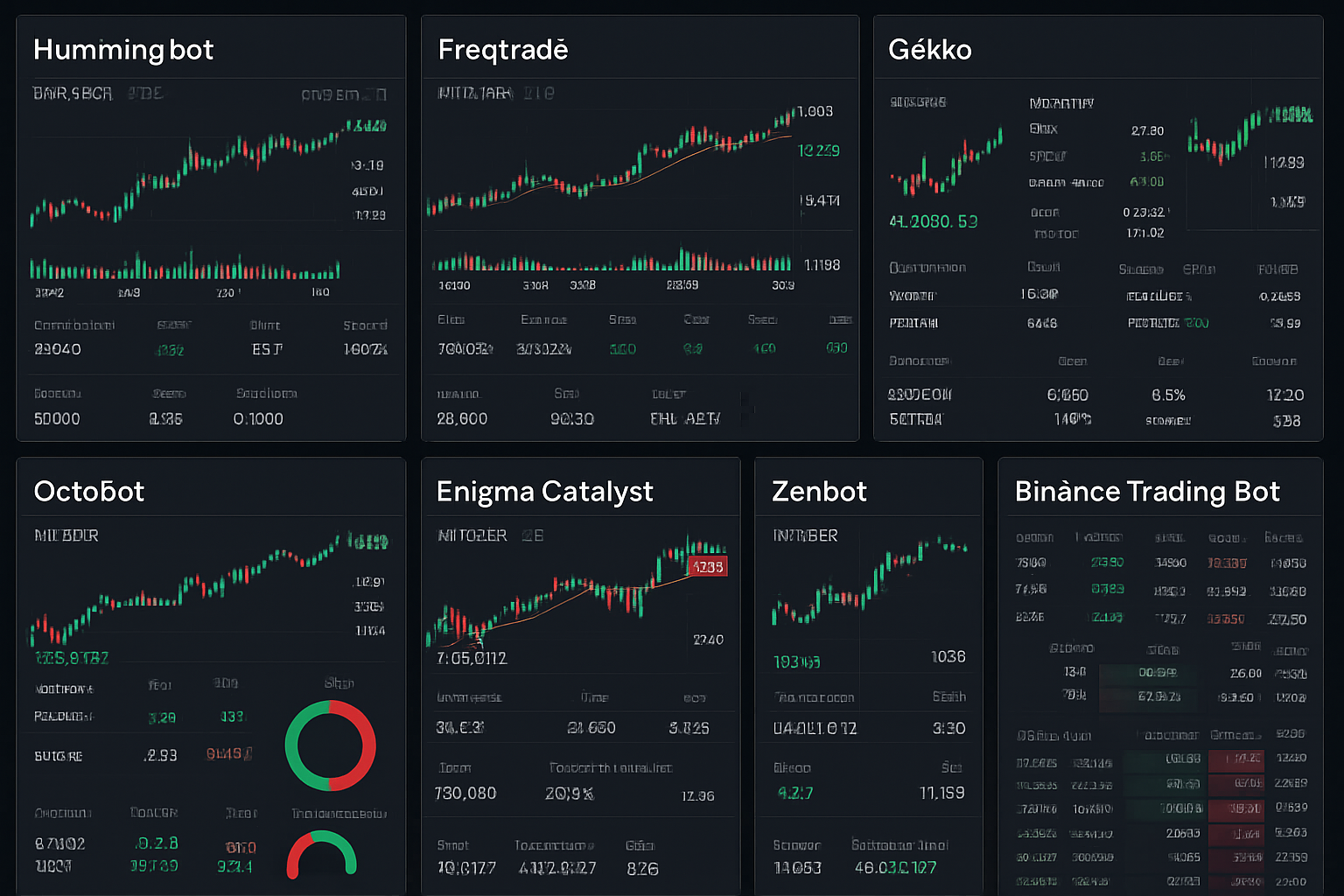 Modern trading dashboard featuring top open source AI crypto trading bots—Hummingbot, Freqtrade, Gekko, OctoBot, Enigma Catalyst, Zenbot, and Binance Trading Bot—operating on live cryptocurrency markets, with a focus on automation and real-time strategy execution.