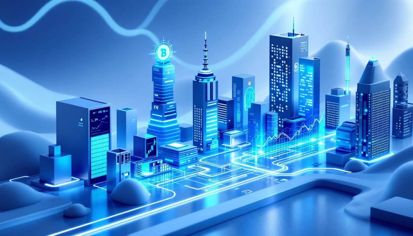 Modern US bank building with digital cryptocurrency icons overlayed, representing blockchain integration in banking