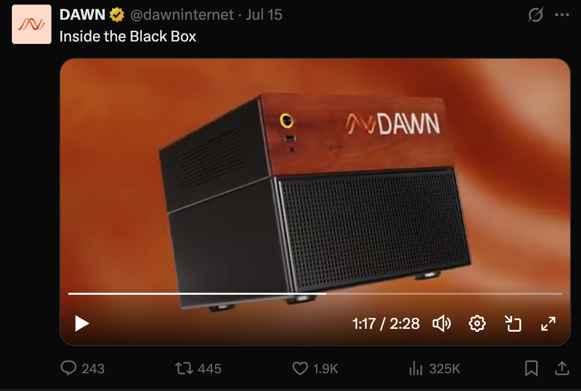 DAWN Black Box modern WiFi router in a home setting representing decentralized broadband network