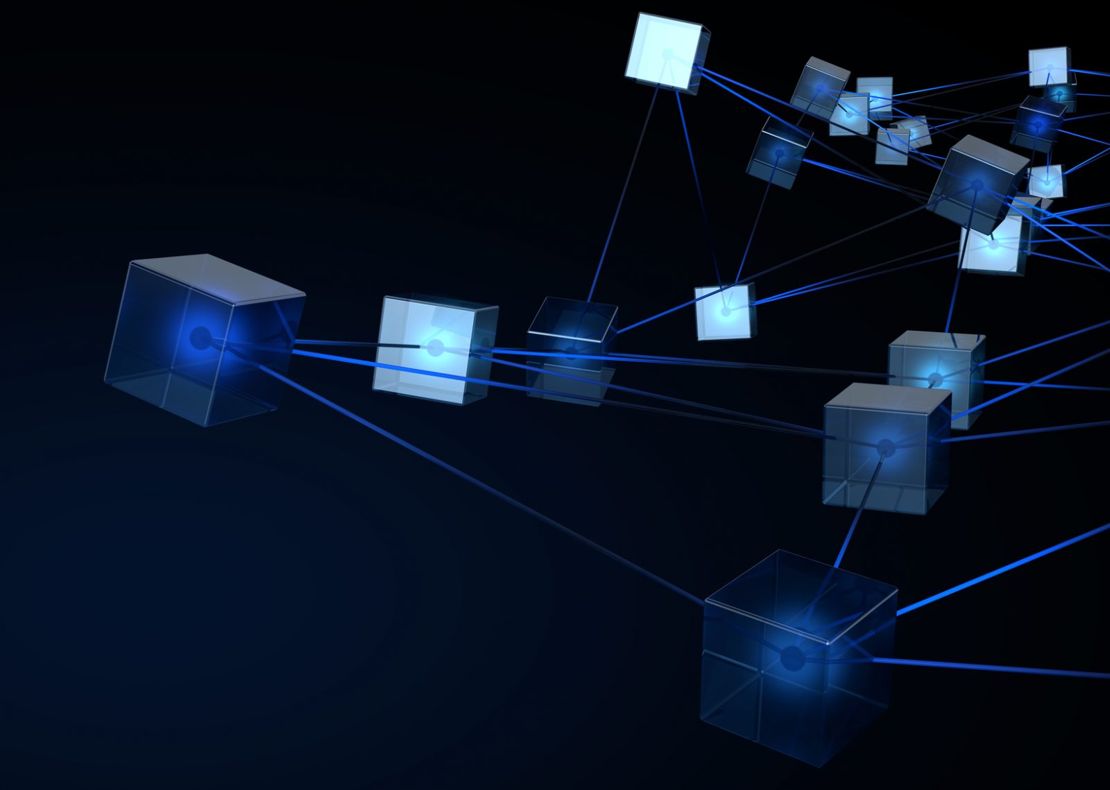 Illustration of insurers and reinsurers connected by digital smart contracts on a blockchain ledger, representing automated reinsurance settlements and enhanced transparency in the insurance industry.
