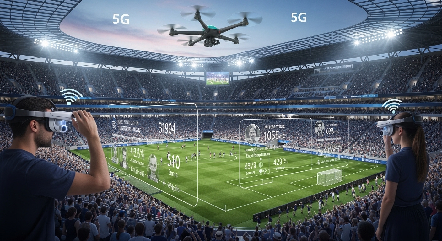 Fans in a packed stadium using AR glasses and smartphones to interact with digital overlays during a live sports match, showcasing the future of fan engagement with technology in 2025.