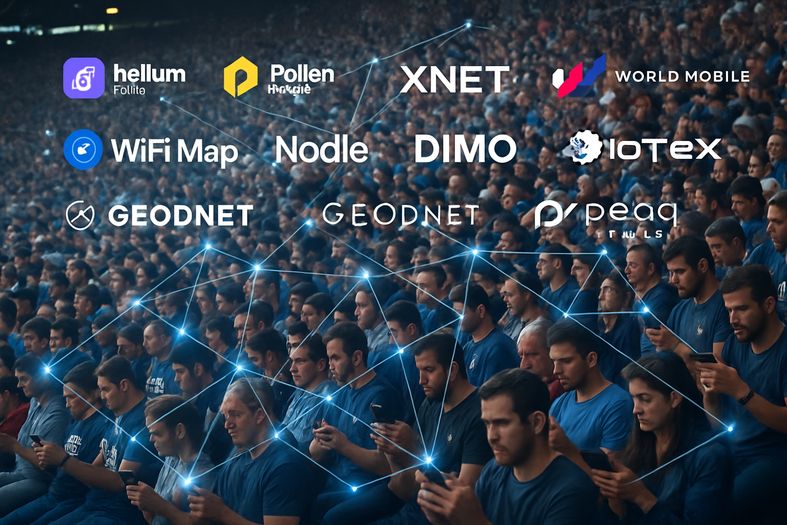 Packed stadium with fans using mobile devices, digital network graphics overlay, representing top DePIN projects like Helium Mobile, Pollen Mobile, XNET, World Mobile, WiFi Map, Nodle Network, DIMO, IoTeX, GEODNET, and Peaq Network transforming stadium connectivity with blockchain-powered wireless networks.