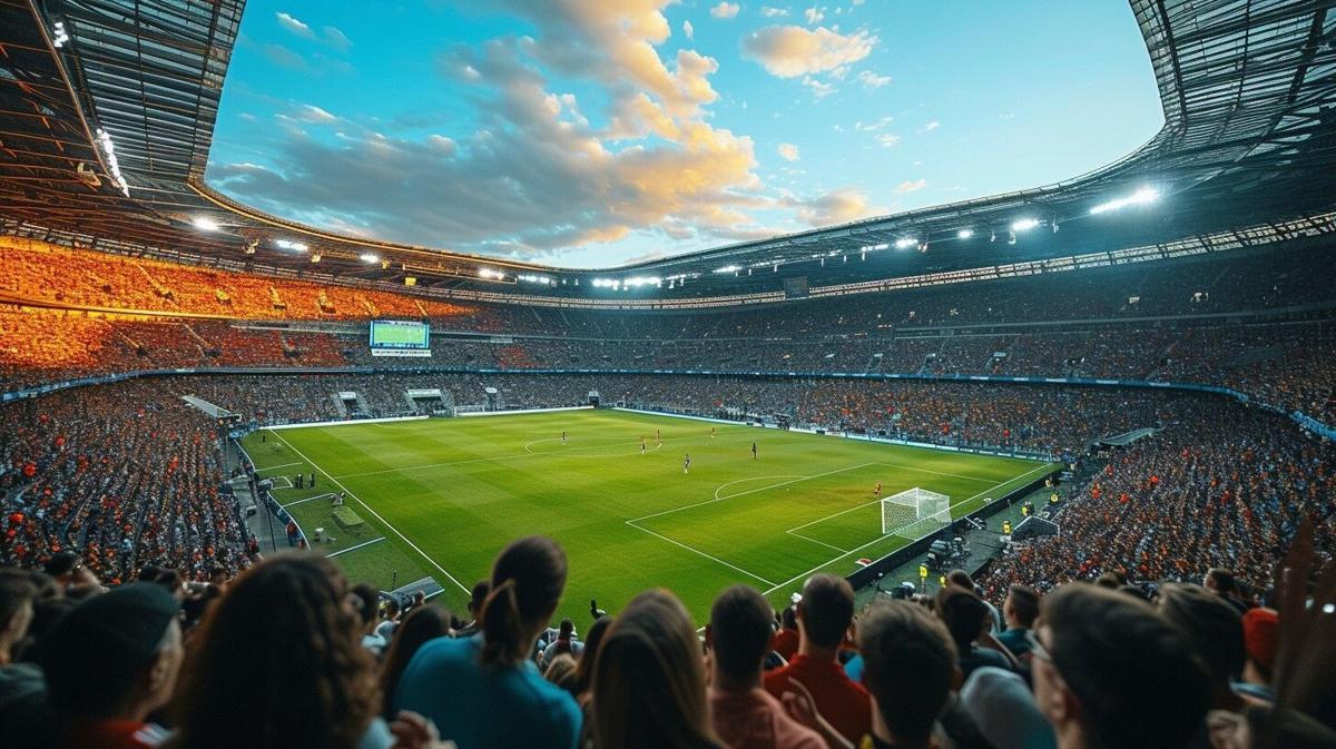 Fans in a packed football stadium using smartphones to access exclusive VIP areas and interact with club experiences through fan tokens