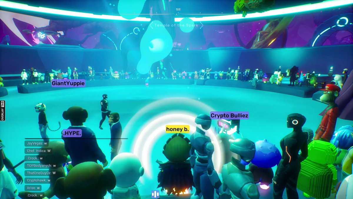 Panoramic render of Otherside's Koda Nexus social hub filled with player avatars and Amazon-branded Voyager skins in a vibrant metaverse setting