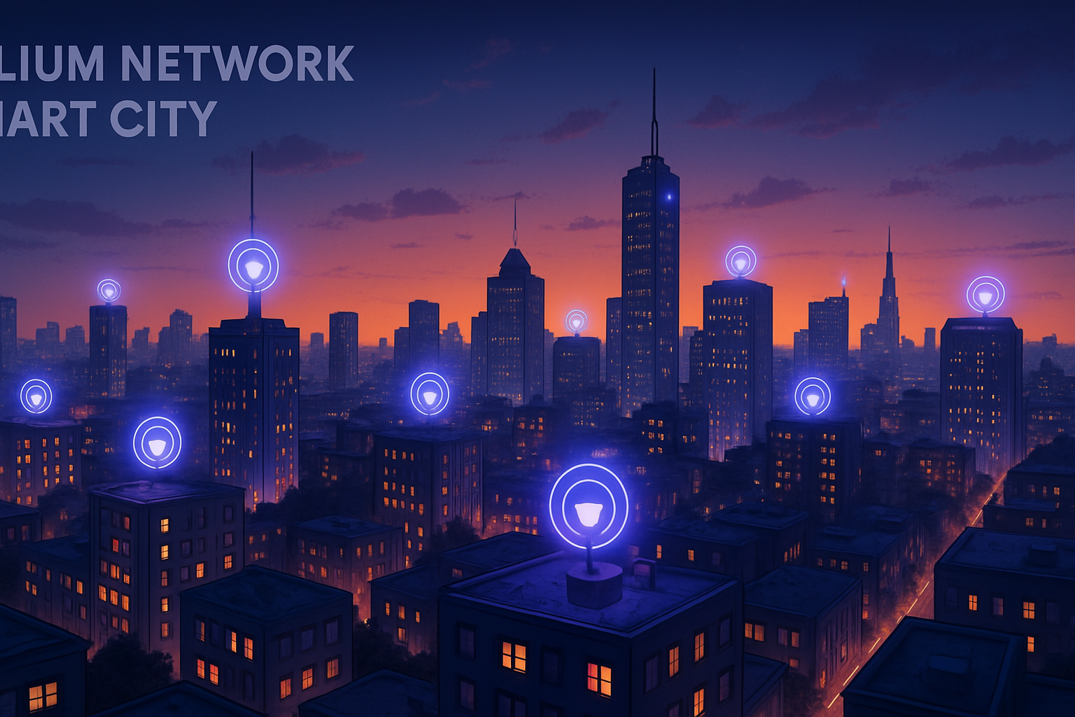 Panoramic dusk view of a smart city skyline with Helium Hotspots glowing on rooftops, illustrating decentralized IoT connectivity powered by the Helium Network.