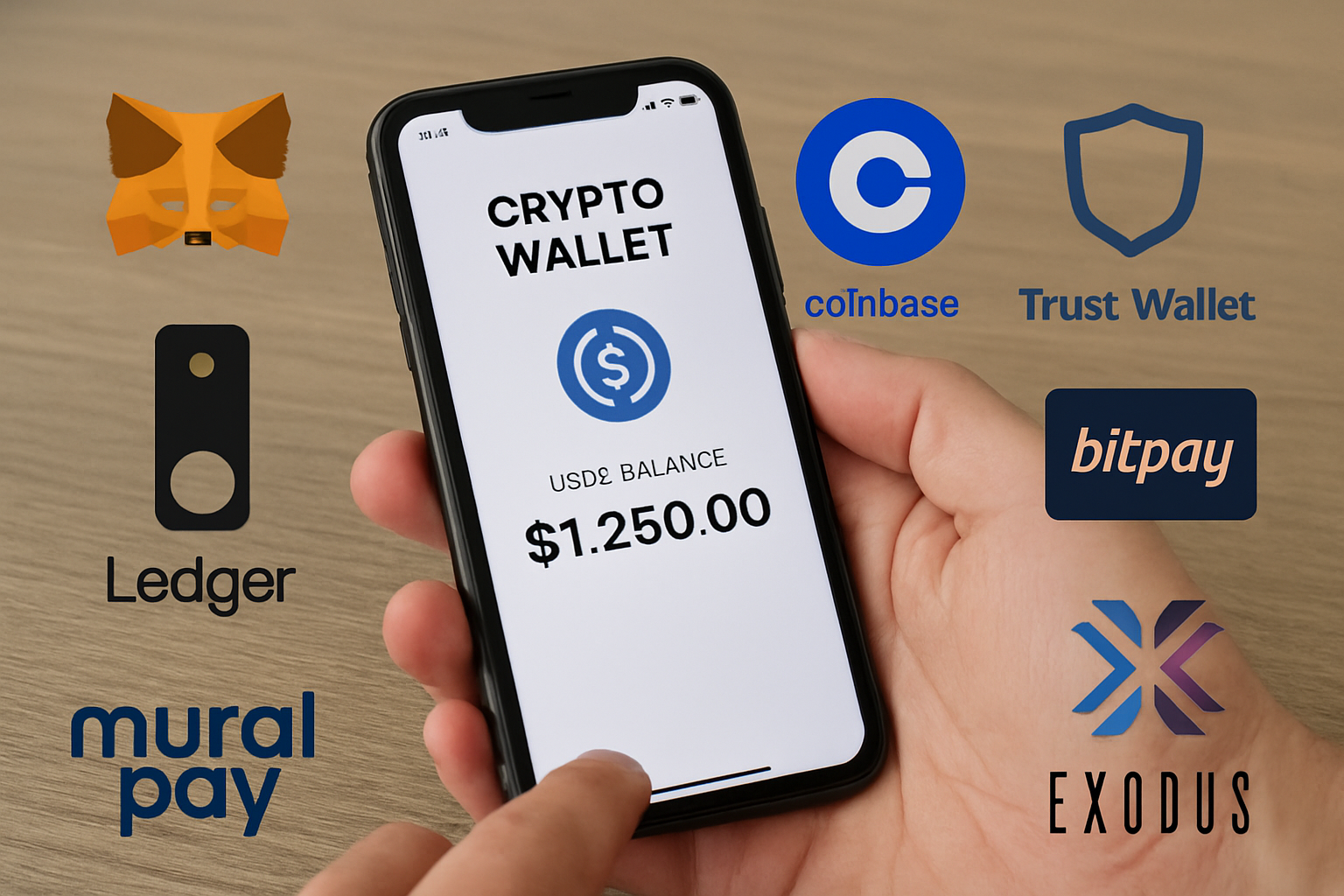 Person checking USDC balance on a mobile crypto wallet app featuring MetaMask, Coinbase Wallet, Trust Wallet, Ledger Nano X, BitPay, Mural Pay, and Exodus for global payroll