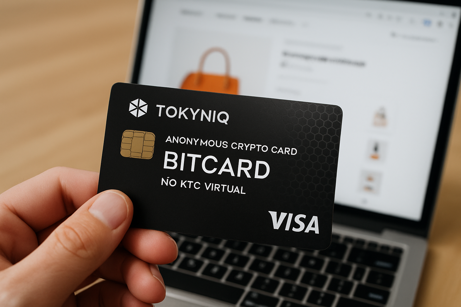 Person holding a Tokyniq Anonymous Crypto Card in front of a laptop, representing anonymous online shopping with no-KYC crypto credit cards in 2024.