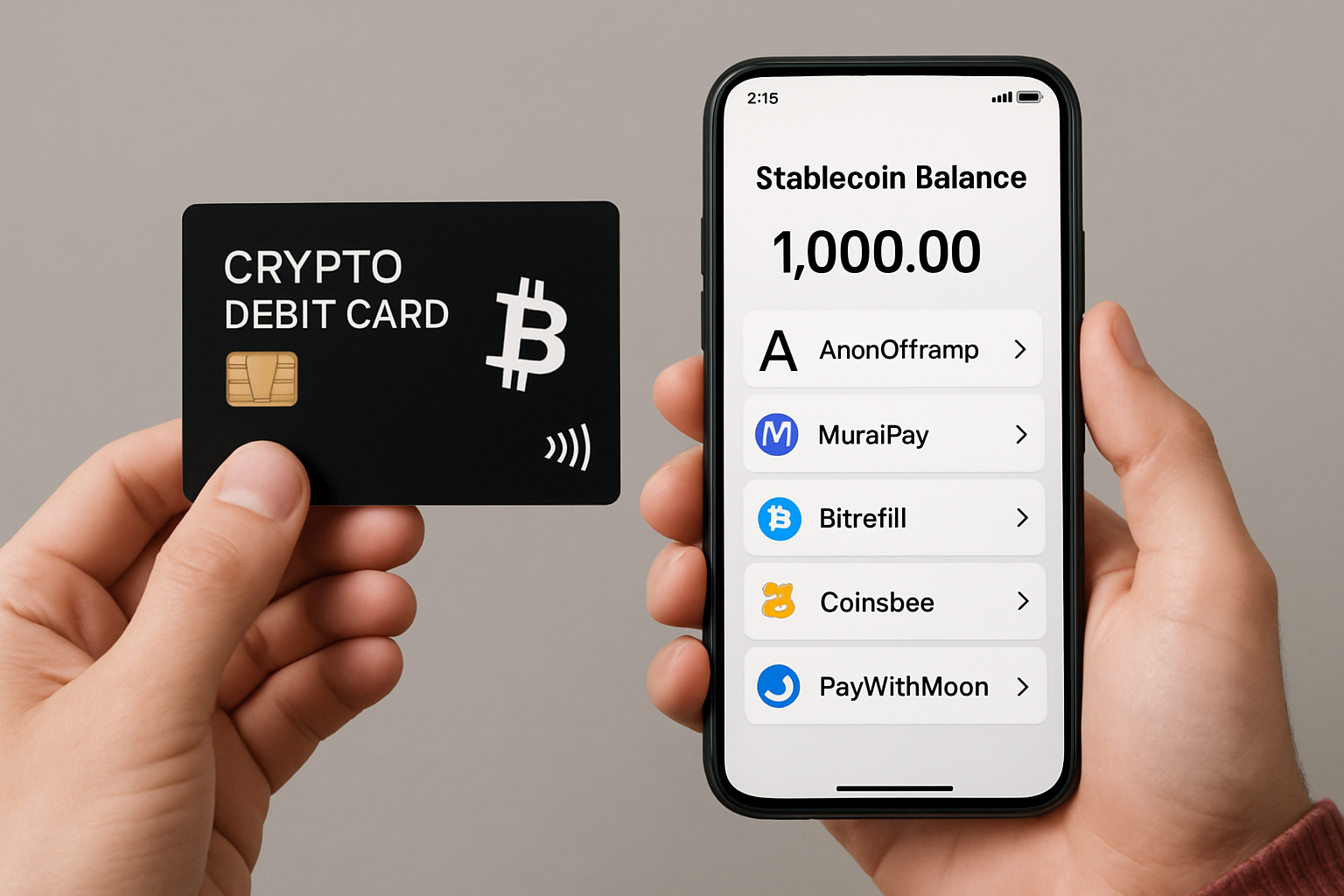 Person holding an anonymous crypto debit card next to a smartphone showing stablecoin balances, representing top off-ramp providers like AnonOfframp.com, MuralPay, Bitrefill, Coinsbee, and PayWithMoon in 2025.