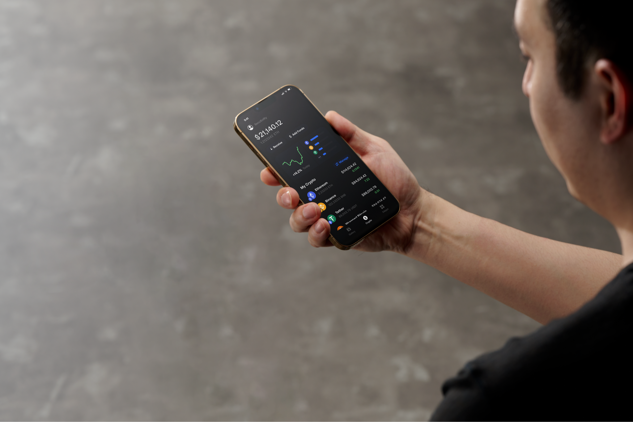 Person holding a modern stablecoin debit card next to a smartphone displaying a crypto wallet app, illustrating instant crypto to fiat conversion.