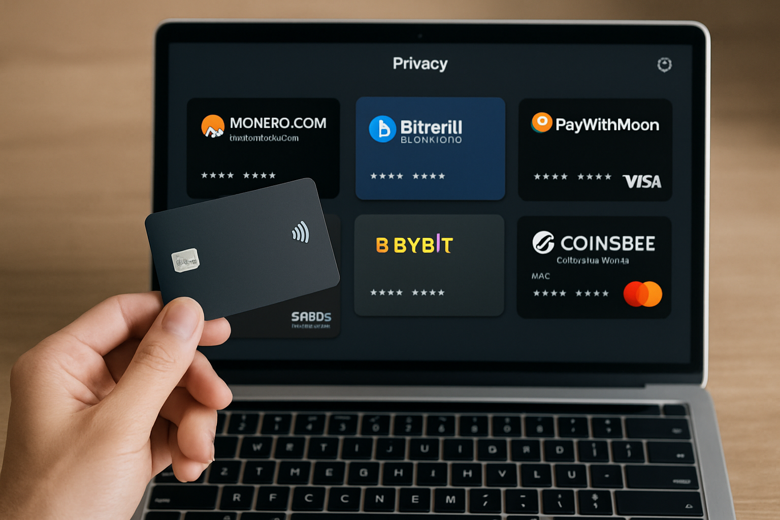 Person holding an unbranded crypto card in front of a laptop displaying a privacy-focused digital wallet interface, representing the 6 best no-KYC crypto cards for 2025: Monero.com Virtual Card, Bitrefill Crypto Card, PayWithMoon Bitcoin Visa, Satoshis Cards, Bybit Card, and Coinsbee Crypto Prepaid Mastercard.