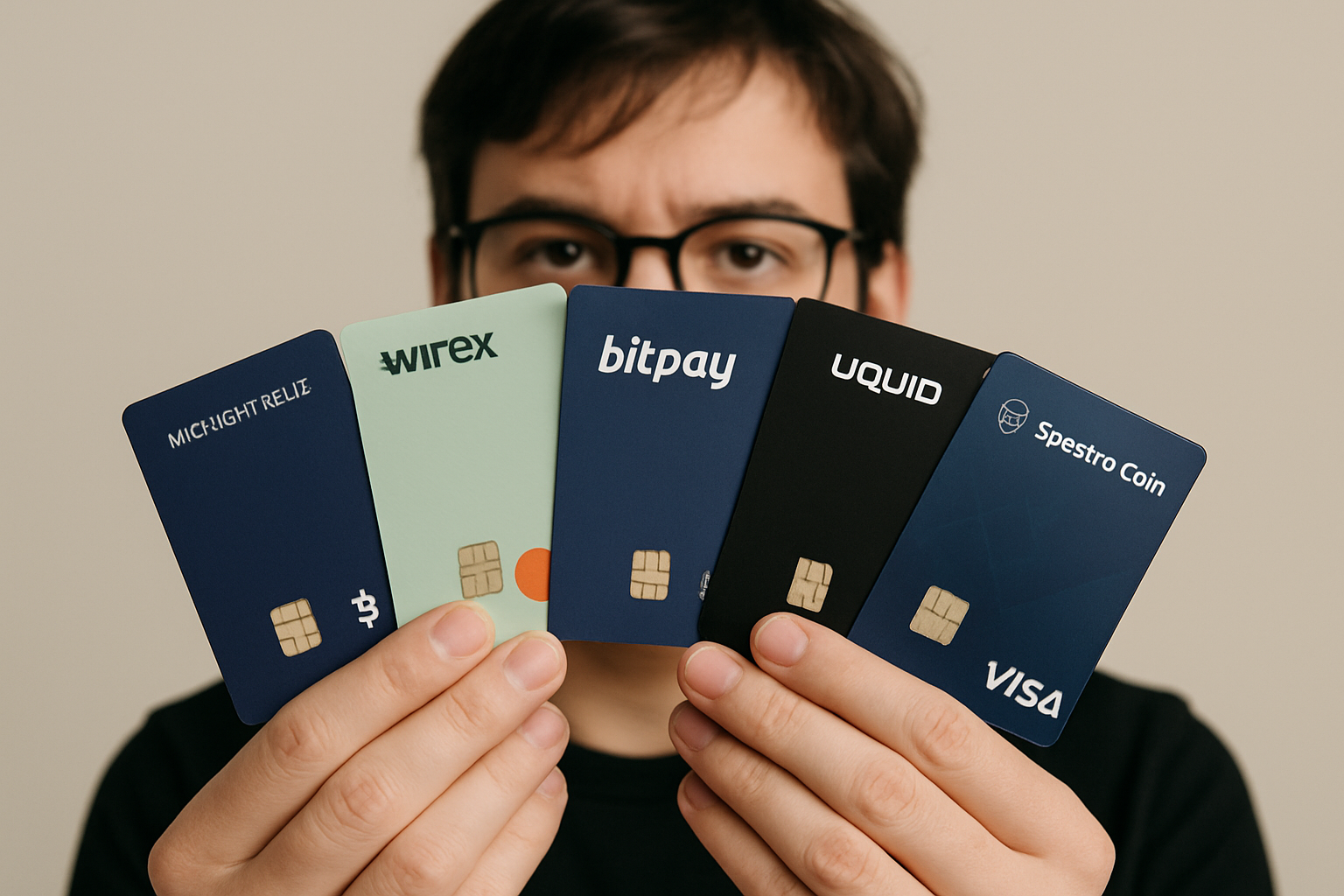 Person holding multiple no-KYC crypto credit cards for 2025, including Midnight Blue, Wirex, Bitpay, Uquid, and SpectroCoin, with their face partially obscured for privacy.