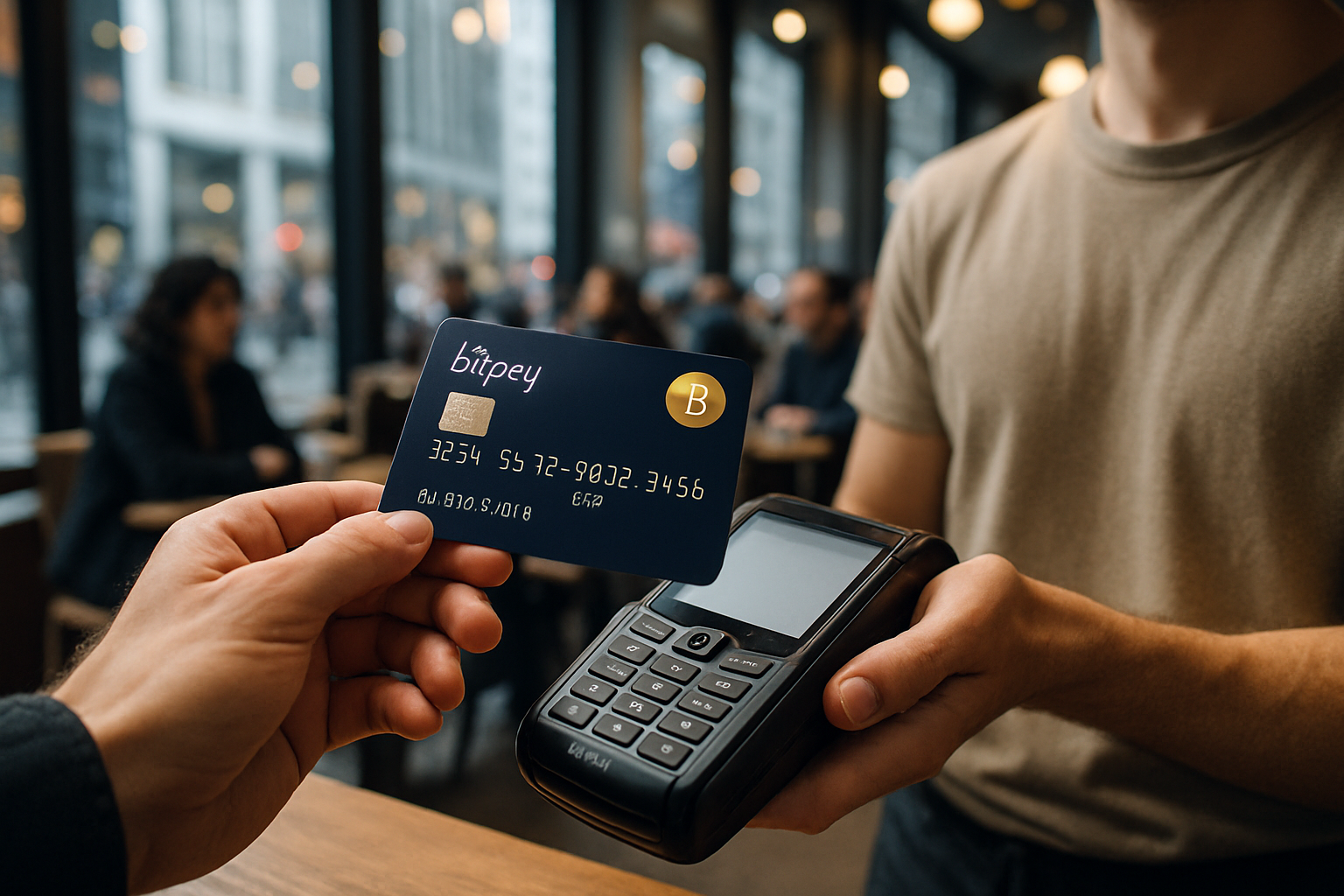 Person paying with a sleek no-KYC crypto credit card at a modern city café, representing privacy and advanced technology in 2025. Card options shown: ClubSwan, CoinsPaid, BitPay, SpectroCoin, Uquid, Paycent, Advcash.
