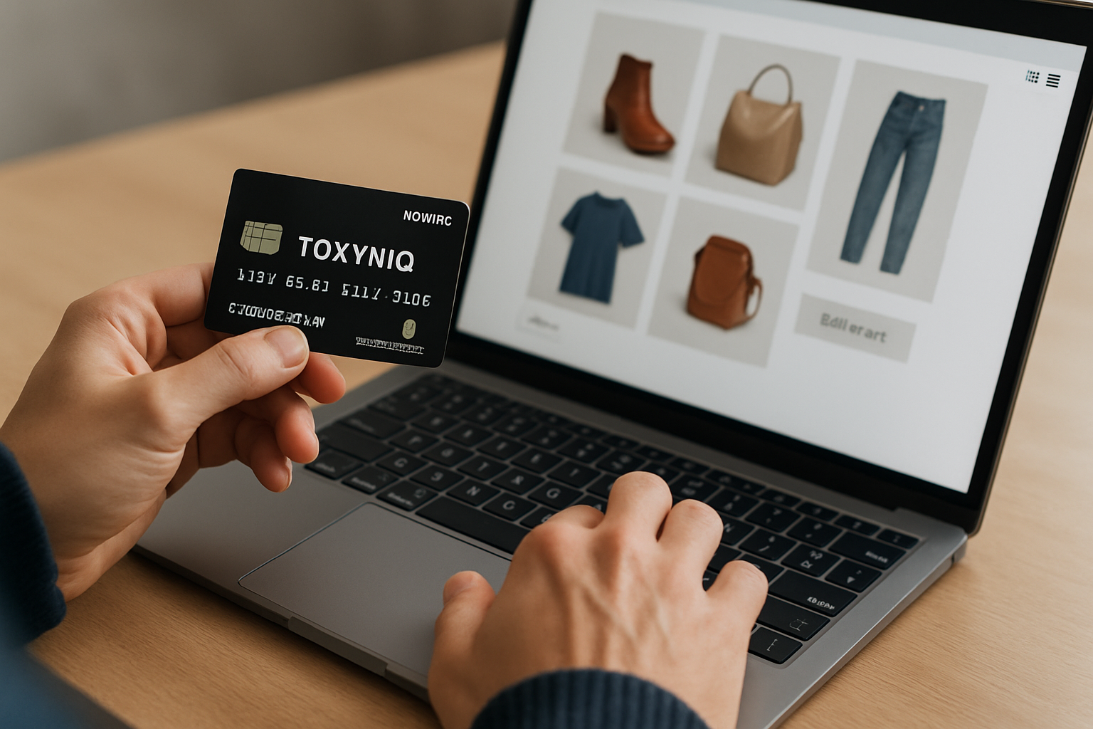 Person shopping online with a Tokyniq Anonymous Crypto Card on their laptop, highlighting no-KYC crypto credit cards for secure and private purchases in 2024.