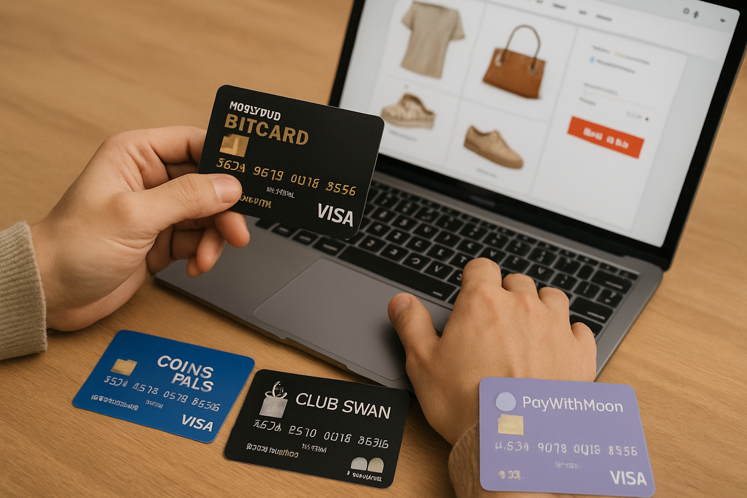Person shopping online with a no-KYC crypto credit card, featuring Tokyniq, BitCard, CoinsPaid, ClubSwan, and PayWithMoon cards for anonymous purchases in 2024