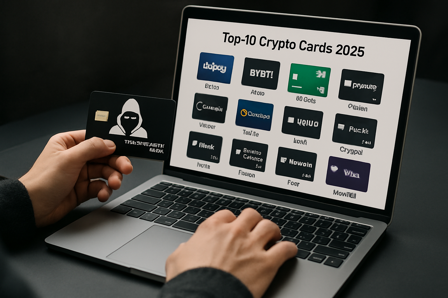 Person shopping online with an anonymous no-KYC crypto credit card on a laptop, representing top 10 privacy-focused crypto cards for 2025 like Bitpay, Bybit, Advcash, and more.
