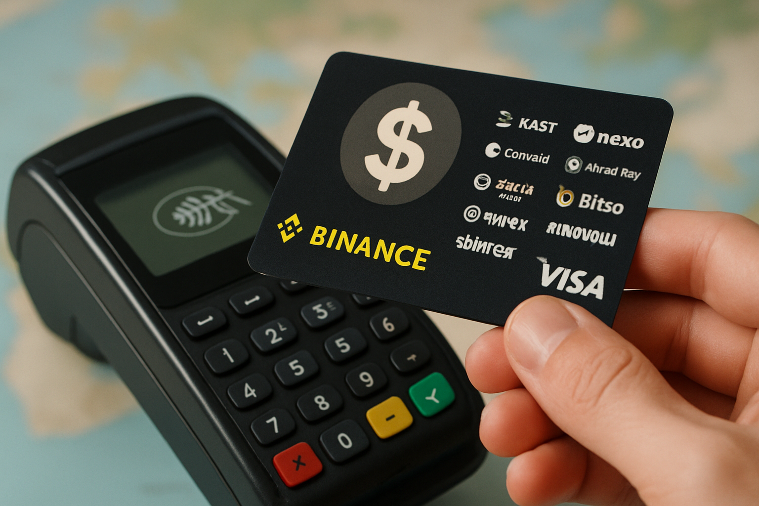 Person tapping a KAST Solana, Nexo, or other top stablecoin debit card at a global merchant terminal in 2025, illustrating seamless crypto-to-fiat off-ramping