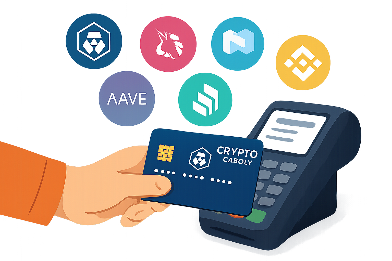 Person using a crypto rewards card at a point-of-sale terminal with CRO, UNI, AAVE, NEXO, COMP, and BNB token logos floating above, representing top crypto credit card strategies for 2025.