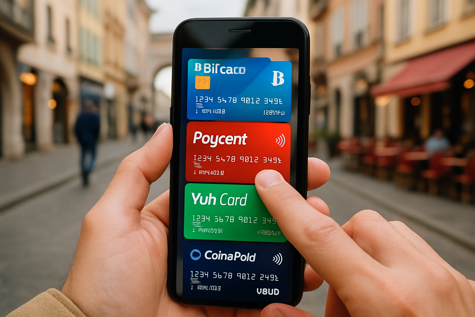 Person using a virtual crypto credit card on their smartphone while traveling abroad, representing BitCard, Paycent, Yuh Card, CoinsPaid, and Uquid for non-US residents, 2024