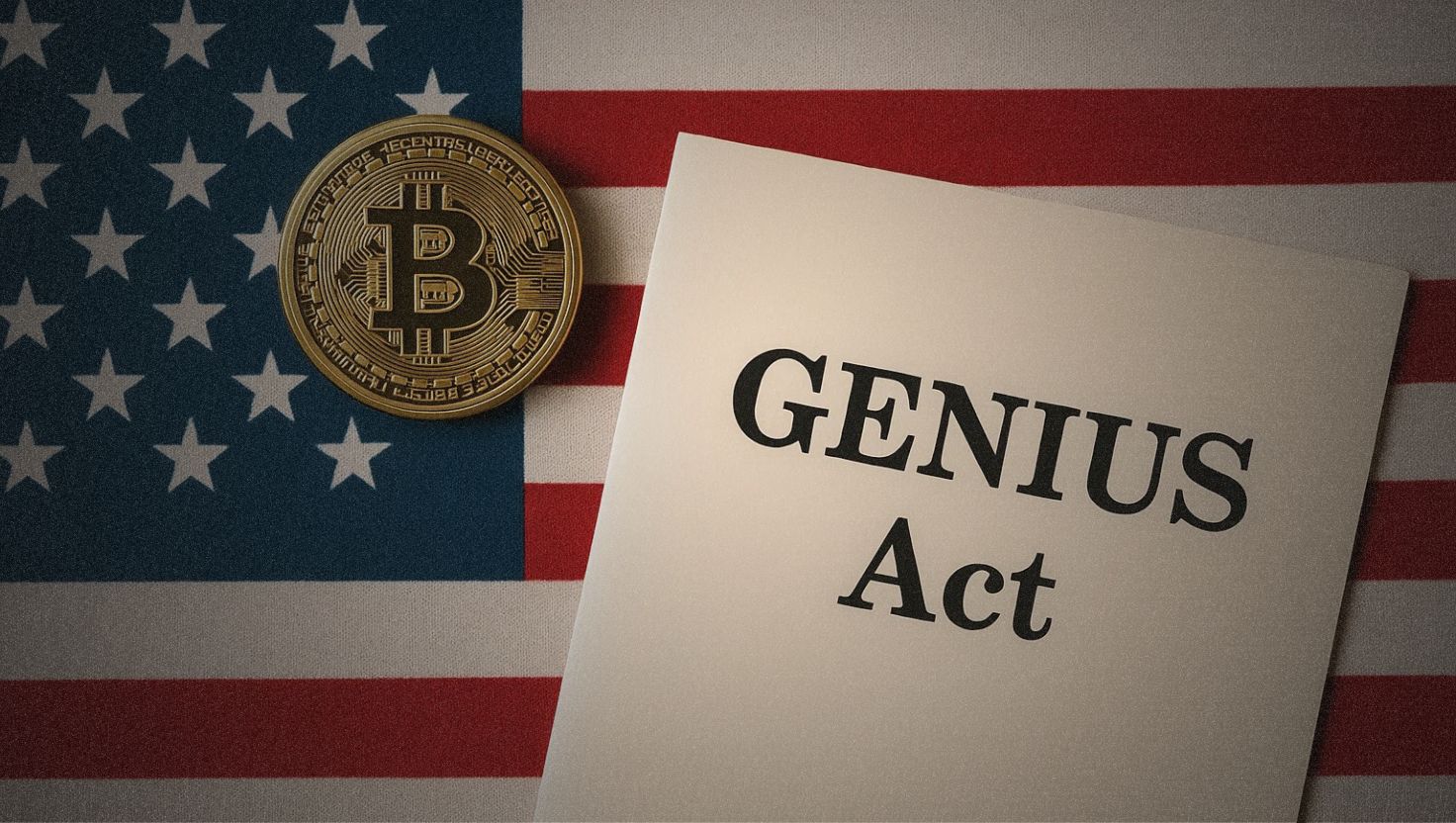 Capitol Hill with digital coins and compliance checkmarks overlay, symbolizing GENIUS Act stablecoin regulation in the US