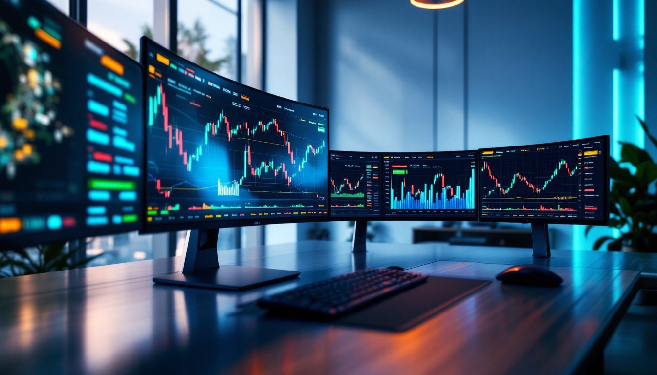 Institutional traders at a modern trading desk monitoring live Bitcoin and Ethereum price charts on multiple screens, representing JPMorgan's crypto collateral program