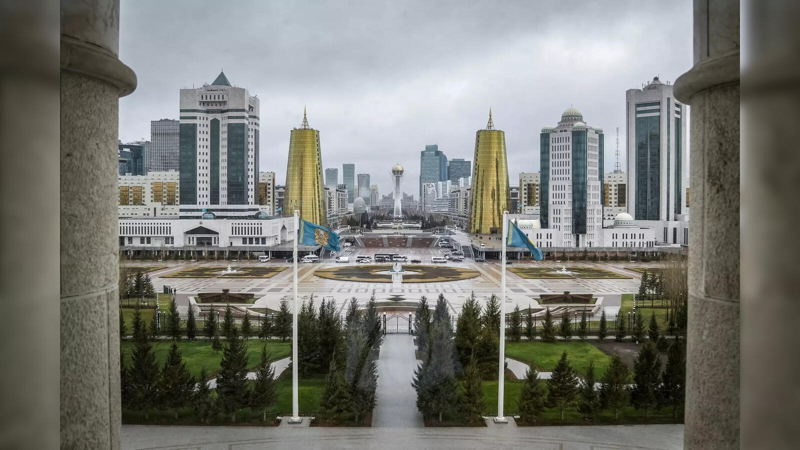 Astana Kazakhstan skyline with digital currency icons representing stablecoins and blockchain innovation