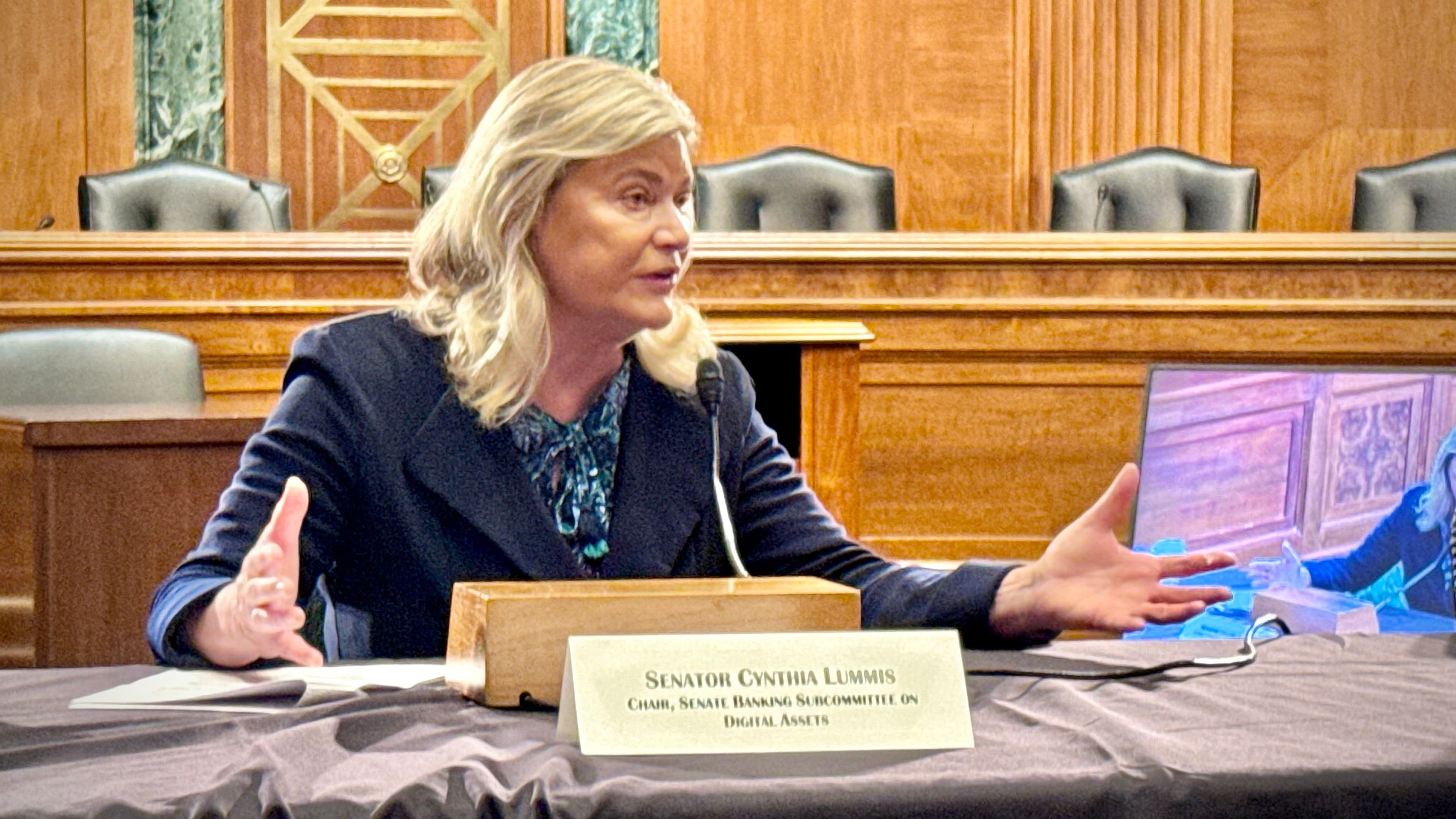 Senator Cynthia Lummis speaking at a blockchain policy event about new crypto tax legislation