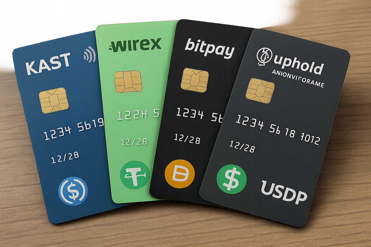 Fanned out selection of top 2025 crypto debit cards—KAST, Wirex, BitPay, Uphold, and AnonOfframp—each featuring prominent stablecoin logos like USDT, USDC, and DAI, displayed on a sleek table for anonymous crypto-to-fiat spending.