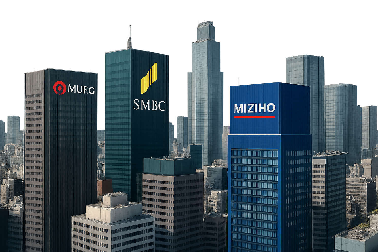 Tokyo financial district skyline with MUFG, SMFG, and Mizuho bank logos representing Japan's big three banks launching a yen-pegged stablecoin