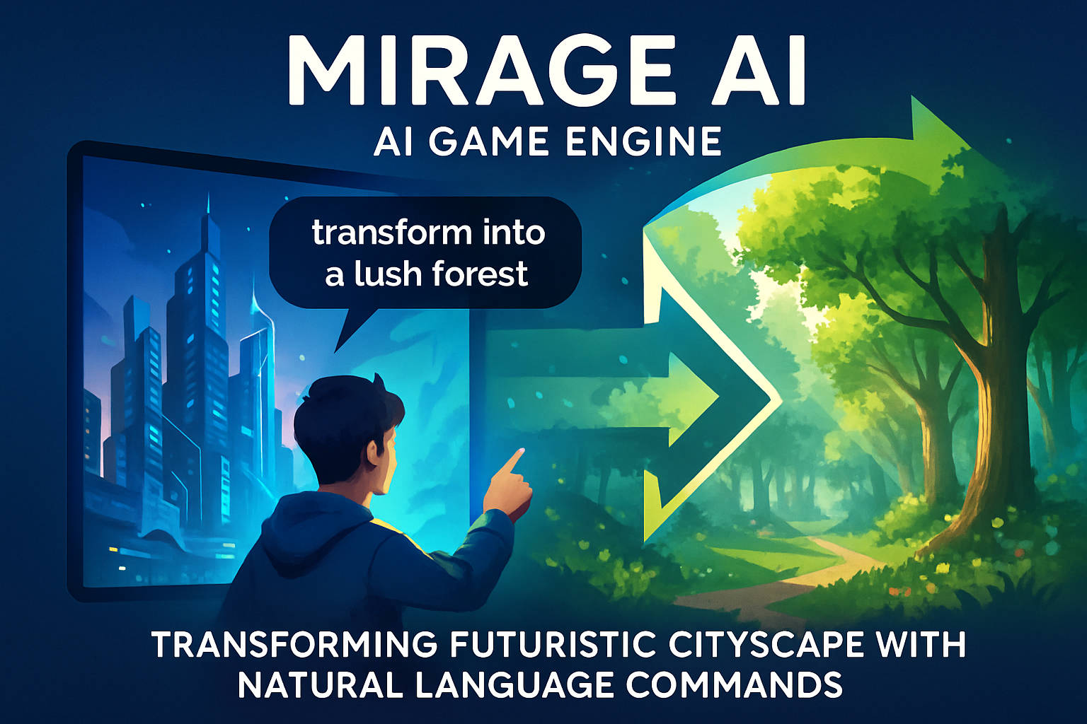 Player using natural language commands to instantly transform a futuristic cityscape in the Mirage AI game engine