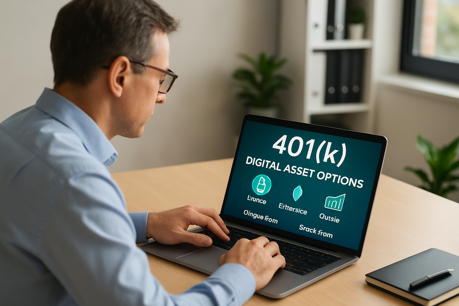 Professional 401(k) investor analyzing cryptocurrency and alternative asset options on a laptop in a modern office setting