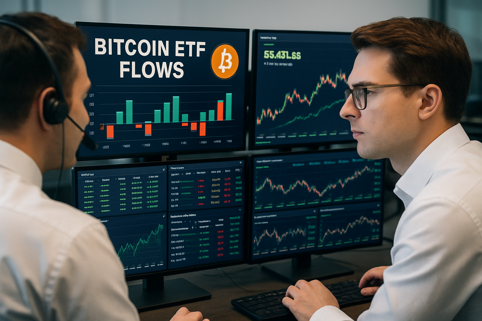 Professional traders at a modern trading desk monitoring Bitcoin ETF flows on multiple screens in 2024
