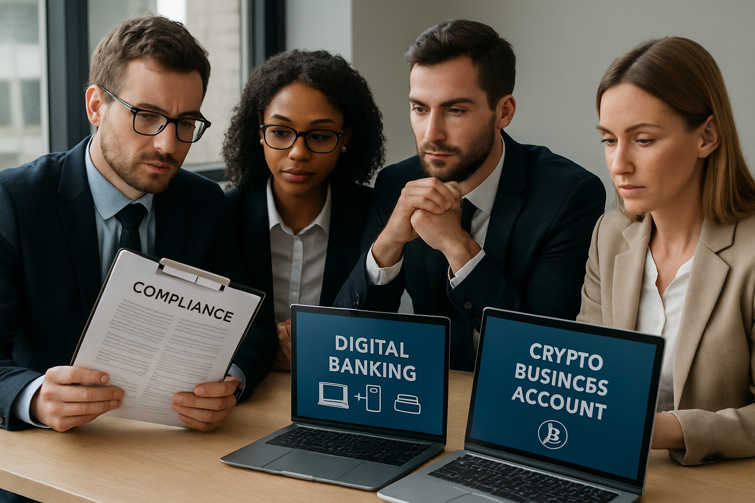 Professional team reviewing compliance documents and digital banking options on laptops for opening a crypto business account in 2024