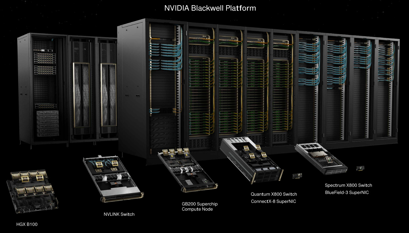 Rack of GPUs and servers operating decentralized AI compute nodes in a data center environment