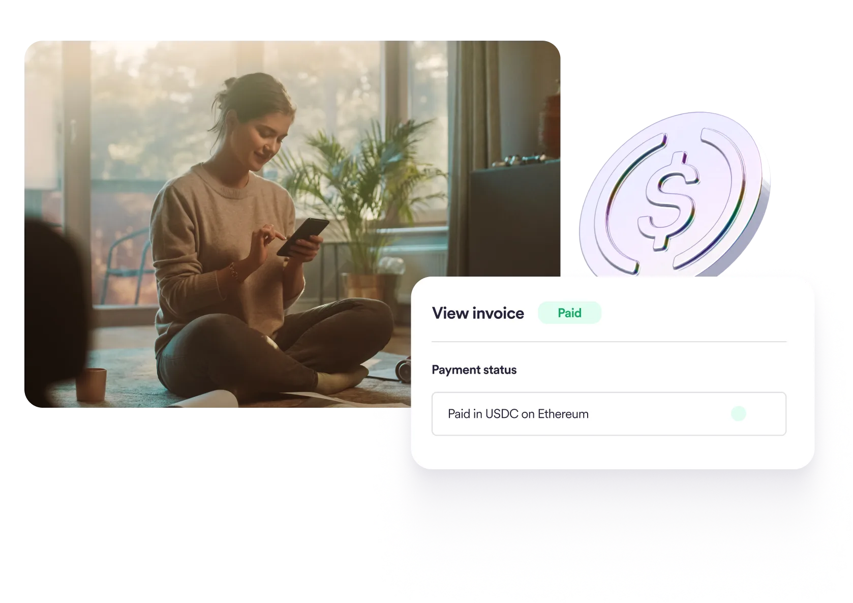 Remote team celebrating after receiving USDC salary payments on their mobile devices, showcasing global crypto payroll convenience