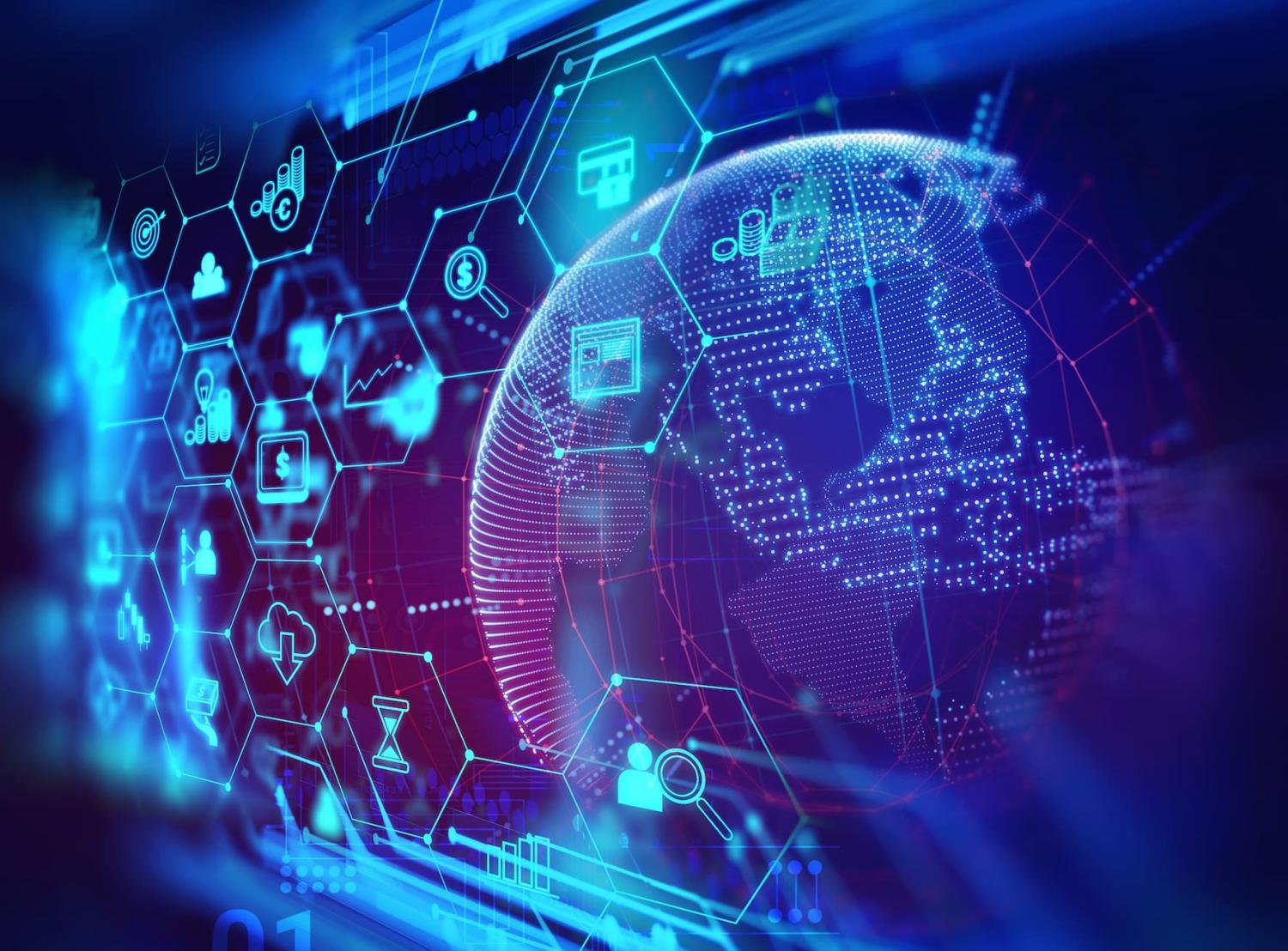 Remote team collaborating online with a digital globe and USDC icons connecting countries, illustrating global payroll solutions for remote teams in 2025.